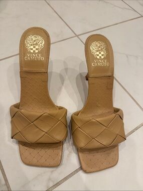 Vince Camuto Tan Woven Leather Slide Mules